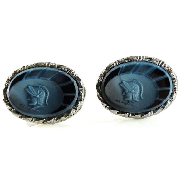 Vintage Big Warrior Cameo Cufflinks Large Oval Blue Cuff Links Soldier Knight - Picture 1 of 3